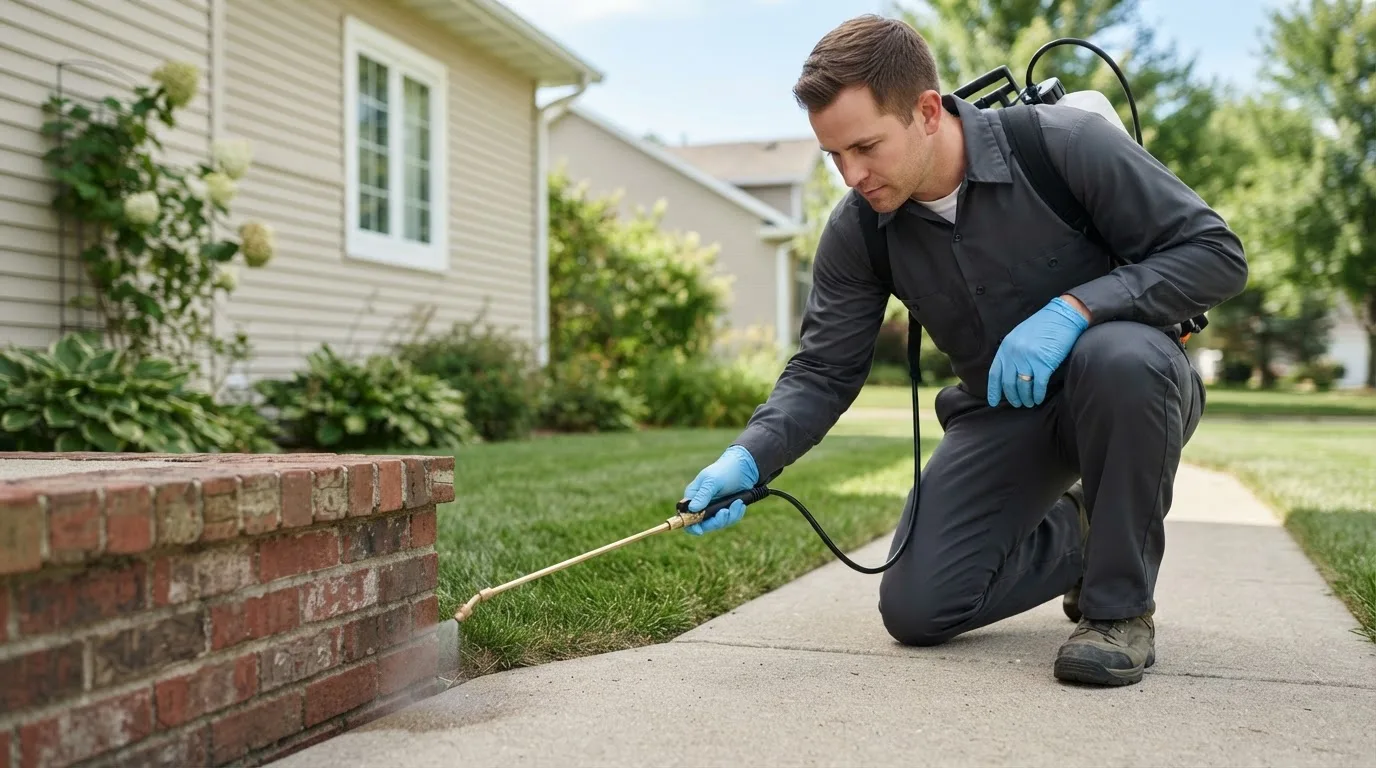 Pest control technician treating a home near Stedman, NC